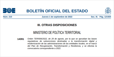 Publicada la convocatoria de 2022 dirigida a modernizar y digitalizar las entidades locales