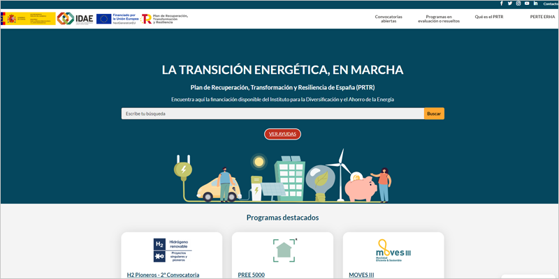 El IDAE estrena una web sobre las ayudas del PRTR que gestiona para impulsar la transición energética 