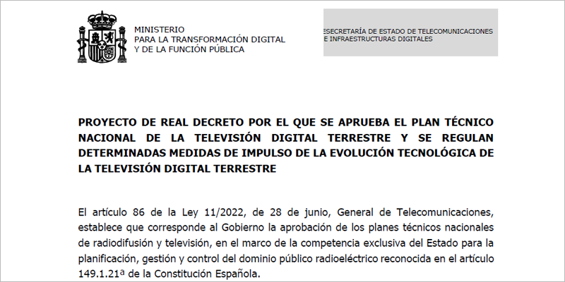 El proyecto de Real Decreto por el que se aprueba el Plan Técnico Nacional de la TDT se abre audiencia pública