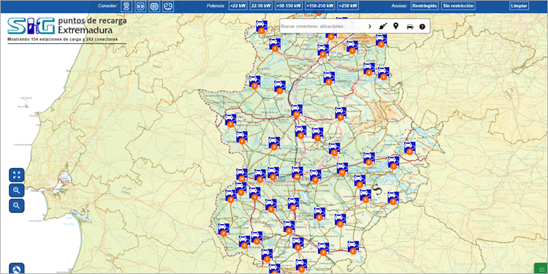 visor de puntos de recarga públicos para vehículos eléctricos de Extremadura