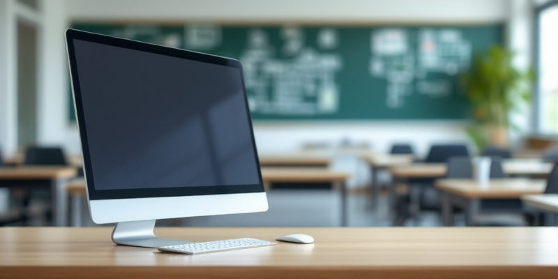 Aula de escuela desocupada con filas de computadoras en Santa Pola durante el mediodía.