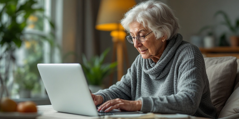 Imagen hiperrealista de una anciana usando un portátil en un entorno rural