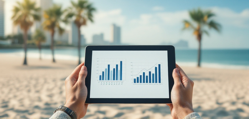 Manos de mujer sostienen tablet con gráficos, fondo de playa con palmeras y rascacielos.