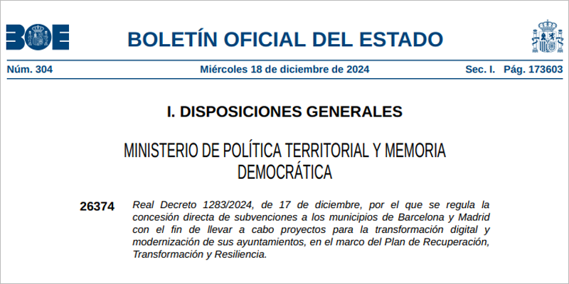 Luz verde a un Real Decreto que regula las ayudas para la digitalización de los ayuntamientos de Madrid y Barcelona