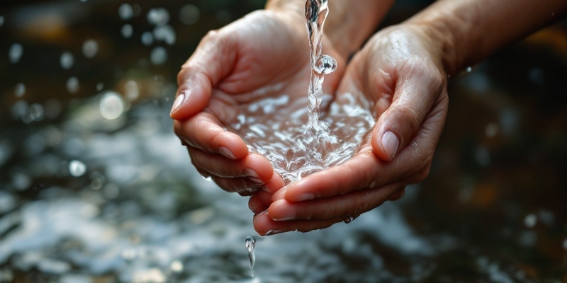 Imagen hiperrealista de manos recolectando agua de una fuente en la ciudad