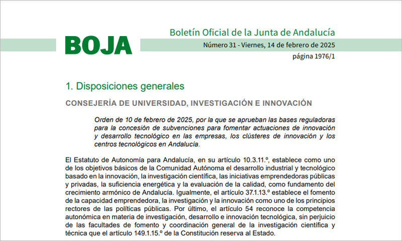 Bases reguladoras de las ayudas para fomentar la innovación empresarial y tecnológica en Andalucía