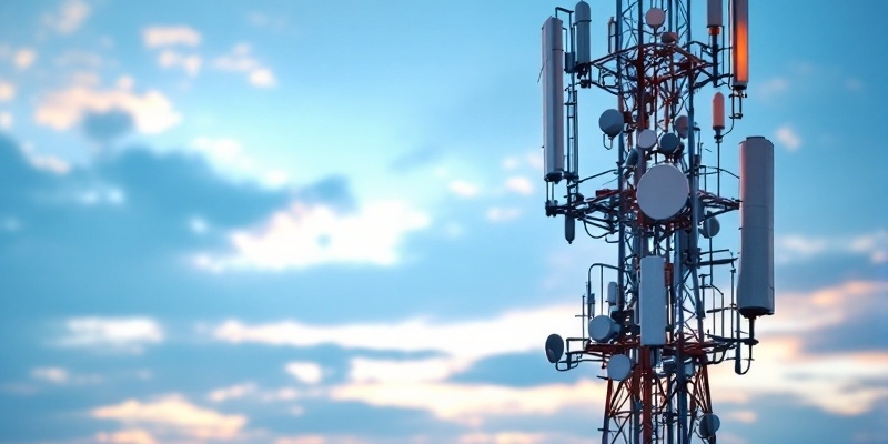 Fotografía profesional de una torre de telecomunicaciones con cielo claro al fondo.