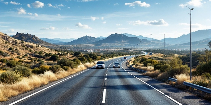 Imagen hiperrealista de una carretera española de dos carriles con un coche.