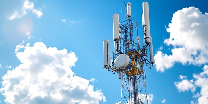 Torre de telecomunicaciones de acero bajo un cielo nuboso con luz solar dramática, mostrando detalles vívidos y mojados.