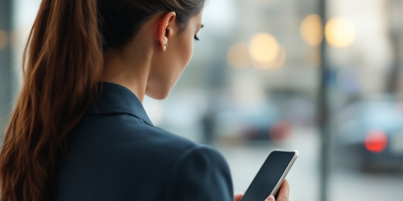 Mujer de espaldas usando un teléfono móvil en un entorno profesional.