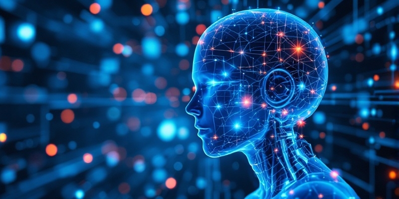 Render 3D hiperrealista de humano y AI interactuando en cámara estéril y minimalista.