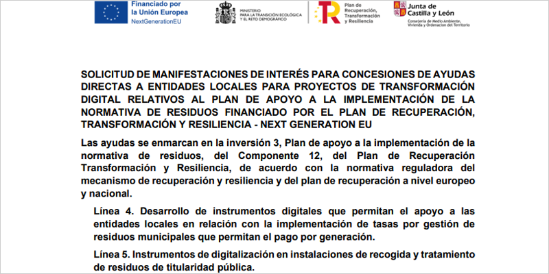 Manifestación de interés para conceder ayudas a entidades locales para digitalizar la gestión de residuos en Castilla y León