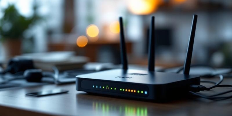 Imagen hiperrealista de un router Wi-Fi con cables sobre un escritorio iluminado.