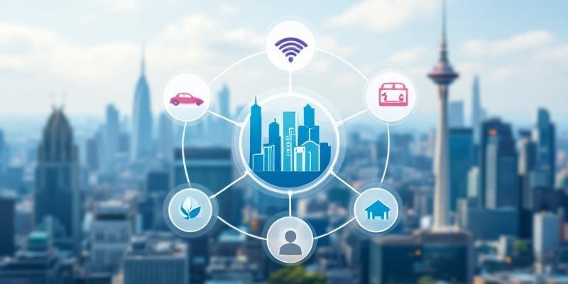 Gráfico con íconos sobre Castelldefels y tecnologías de ciudades inteligentes, sobre fondo de la ciudad.
