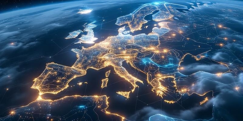 Imagen representativa de la Unión Europea con iconos de tecnología y redes digitales.