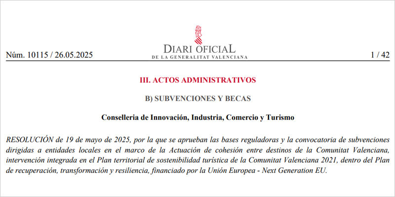 Convocatoria de ayudas para impulsar la sostenibilidad turística en entidades locales de la Comunidad Valenciana