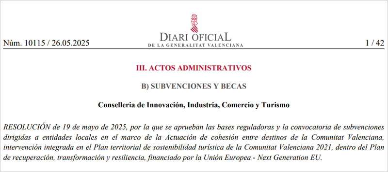 Convocatoria de ayudas para impulsar la sostenibilidad turística en entidades locales de la Comunidad Valenciana
