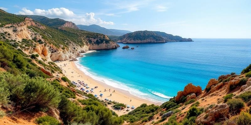 Vista de una playa de Ibiza desde tierra mostrando el mar cristalino y arena blanca.
