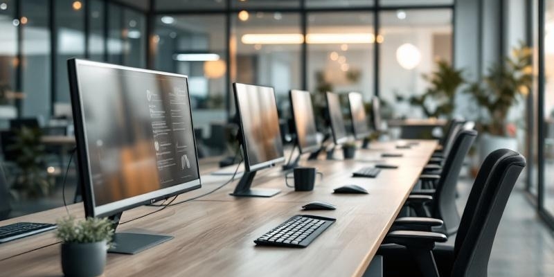 Oficina corporativa vacía con filas de escritorios, monitores y ordenadores portátiles, reflejando un enfoque tecnológico.