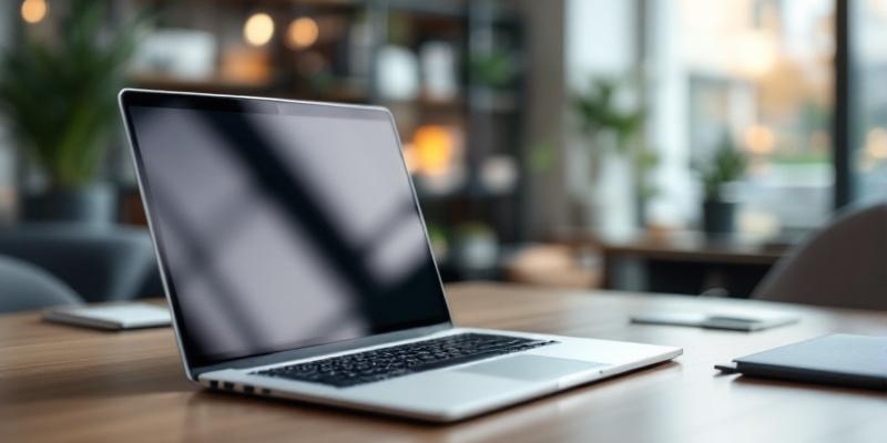Ordenador portátil en una mesa de oficina, simbolizando empleos inteligentes en áreas rurales.