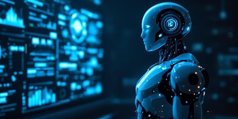 Robot humanoide avanzado en centro de control oscuro con interfaces holográficas azules.