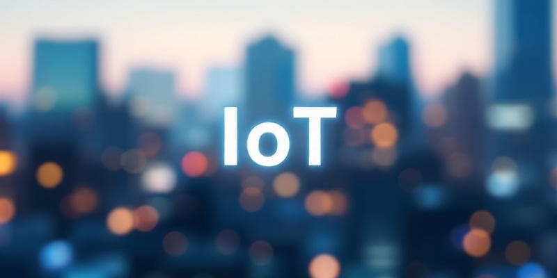 Ilustración de IoT con texto 'IoT' sobre fondo de ciudad difuminada