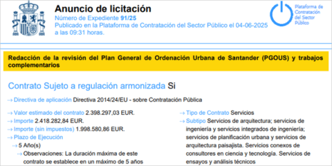 Sale a licitación la redacción del nuevo Plan General de Ordenación Urbana de Santander
