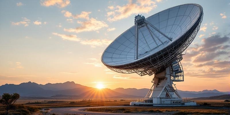 Fotografía detallada de un gran plato de telescopio radioastronómico a plena luz del día.