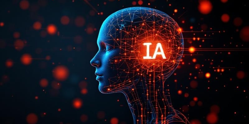 Gráfico de IA en forma humana con el texto 'IA' resaltado, simbolizando innovación tecnológica.