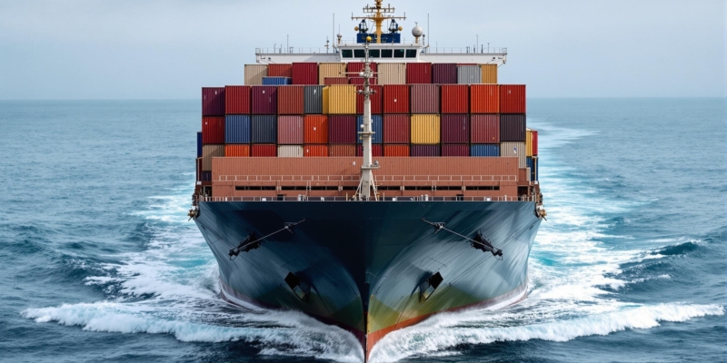 Foto de un buque de transporte de residuos de la UE navegando por el mar, cargado de contenedores.