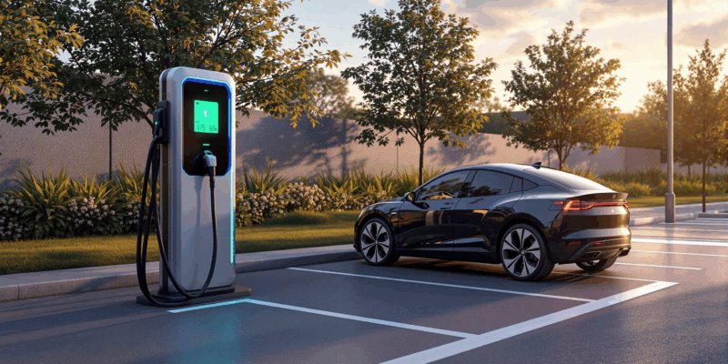 Imagen hiperrealista de un vehículo eléctrico junto a un cargador en un estacionamiento.