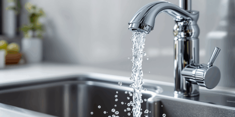 Cerca de un grifo de cocina metálico con acabado en cromo, agua fluyendo de manera natural en un entorno moderno.