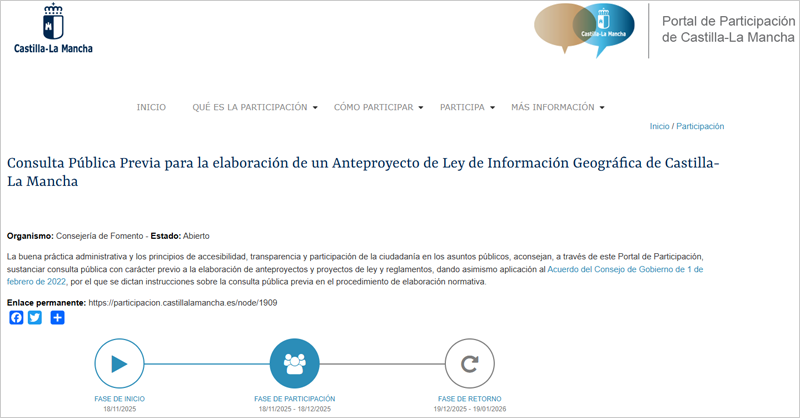 Consulta Pública Previa para la elaboración de un Anteproyecto de Ley de Información Geográfica de Castilla La Mancha