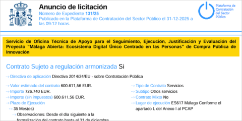 El servicio de oficina técnica para la plataforma de servicios digitales Málaga Abierta sale a licitación