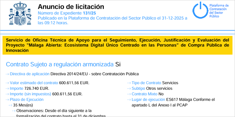 El servicio de oficina técnica para la plataforma de servicios digitales inteligentes Málaga Abierta sale a licitación