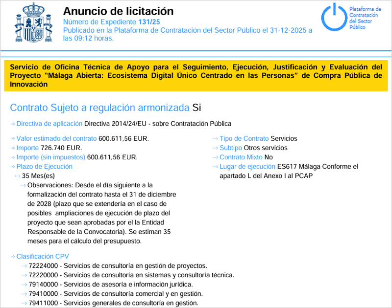 El servicio de oficina técnica para la plataforma de servicios digitales inteligentes Málaga Abierta sale a licitación