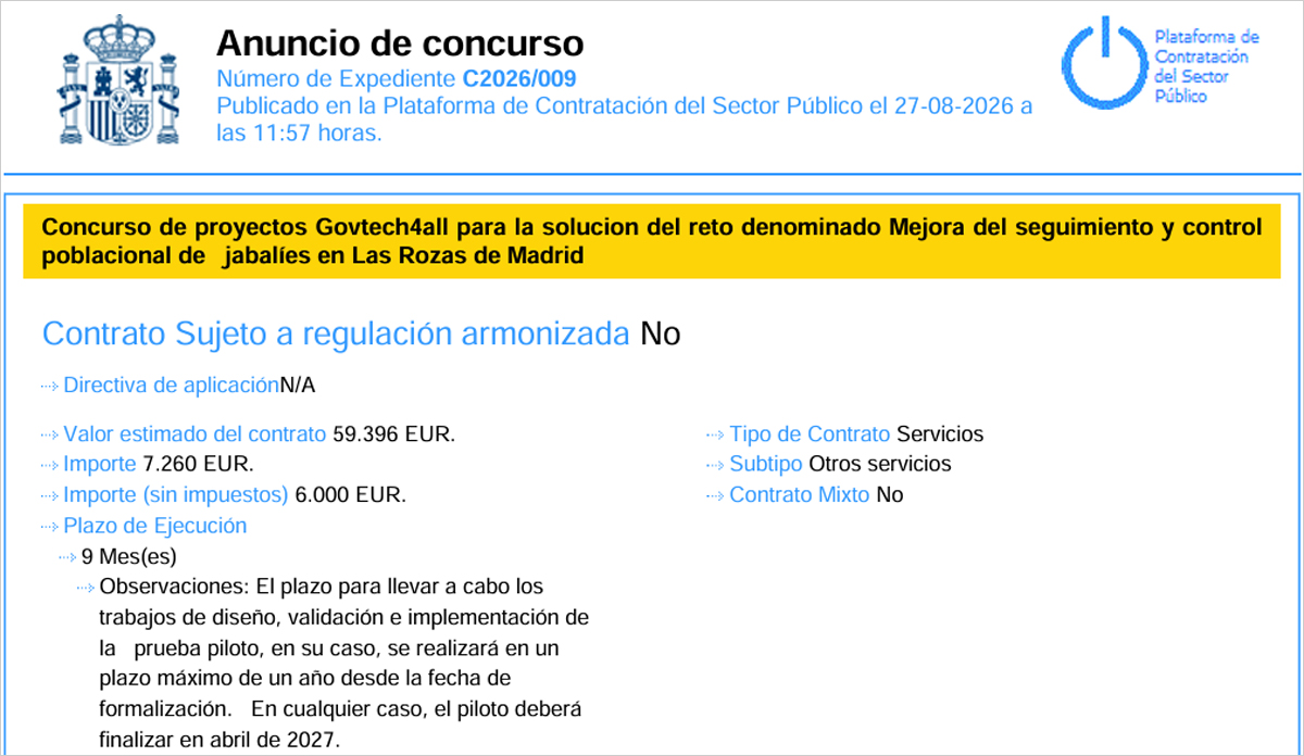 Las Rozas lanza un reto GovTech para mejorar el seguimiento y control de la población de jabalíes