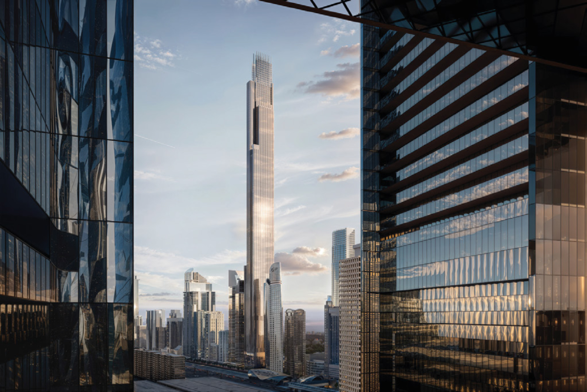 Recreación de la futura torre Burj Azizi de Dubái, rascacielos con recogida neumática de residuos de Envac.