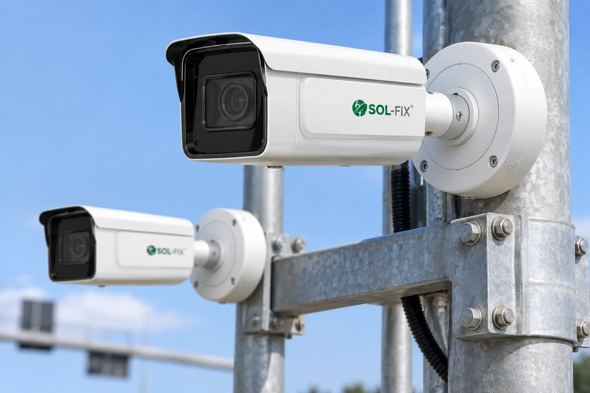 Cámaras de vigilancia instaladas sobre postes metálicos en un entorno exterior.