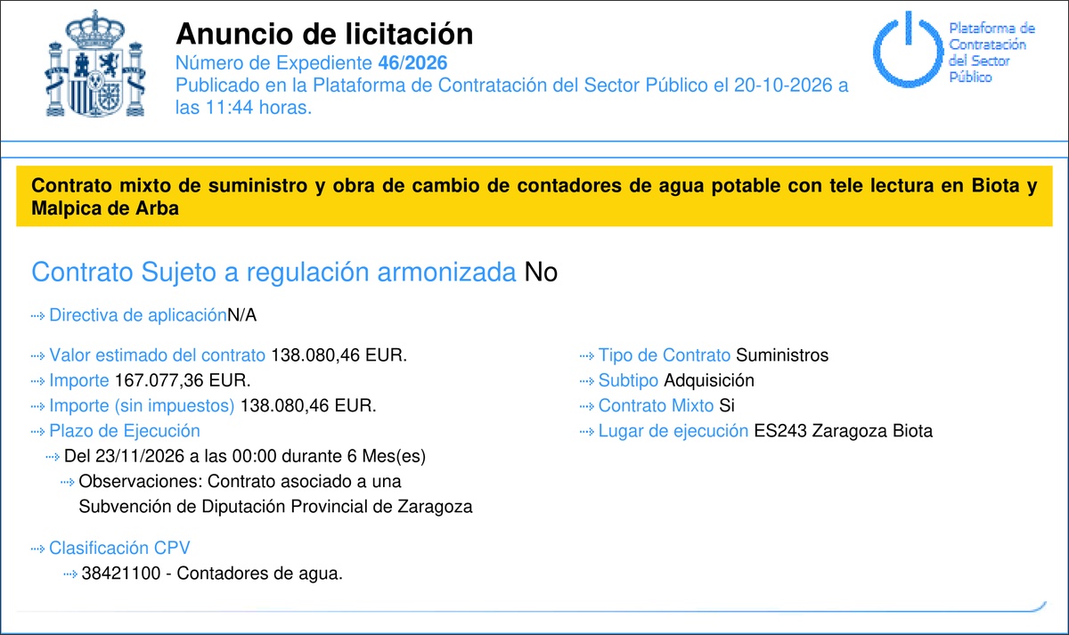 Anuncio del expediente 46/2026 para cambiar contadores de agua con telelectura en Biota y Malpica de Arba.