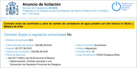 Biota saca a licitación 818 contadores de agua con telelectura NB-IoT