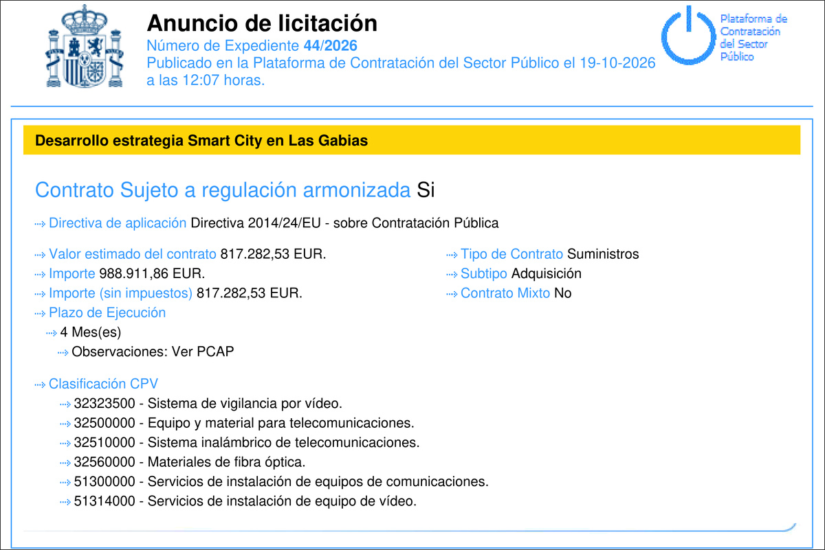 Cabecera del anuncio de licitación de la estrategia Smart City de Las Gabias, expediente 44/2026.