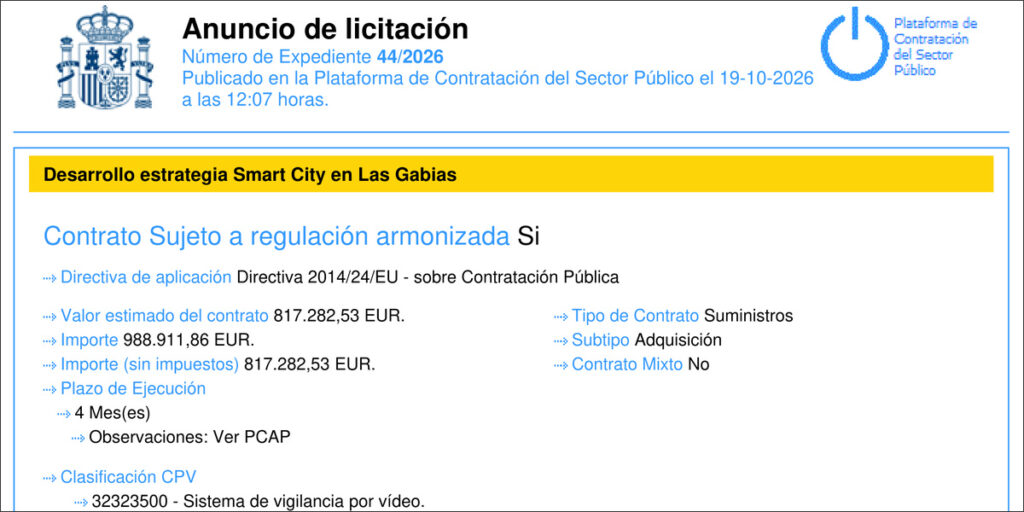 Cabecera del anuncio de licitación de la estrategia Smart City de Las Gabias, expediente 44/2026.