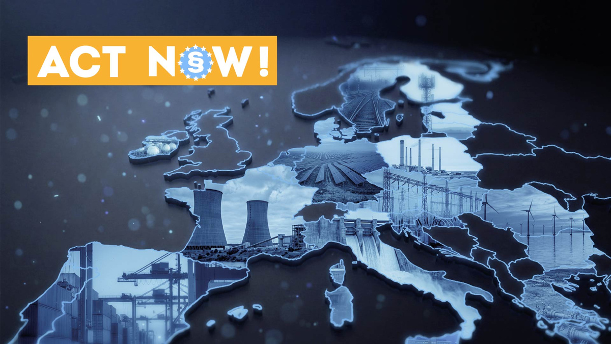 Mapa de Europa con imágenes de infraestructuras críticas y el rótulo Act Now.