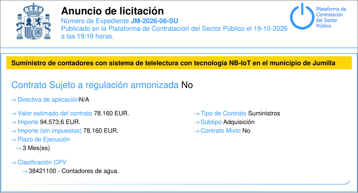 Cabecera del anuncio de licitación de contadores de agua con telelectura NB-IoT en Jumilla, expediente JM-2026-06-SU.
